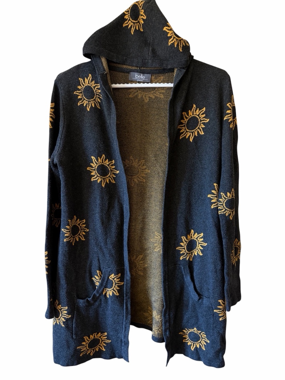 Belle by Bellini Hooded Sun Open Cardigan Black Knit Boho Cozy Sweater pockets